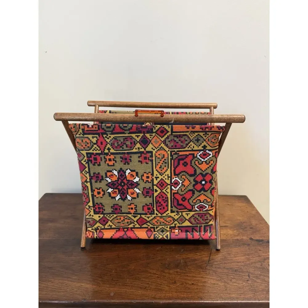 Vintage 1970s Folding Knitting Sewing Basket Wood Frame Kilim Boho 14